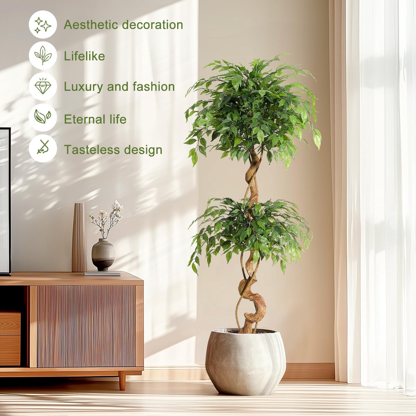 GarveeHome Ficus Artificial Tree with Curved Trunk，5 Feet Faux Plant Fake Silk Trees with White Pot, Fake Ficus Tree for Home Decor, Artificial Plants Indoor for Office Living Room