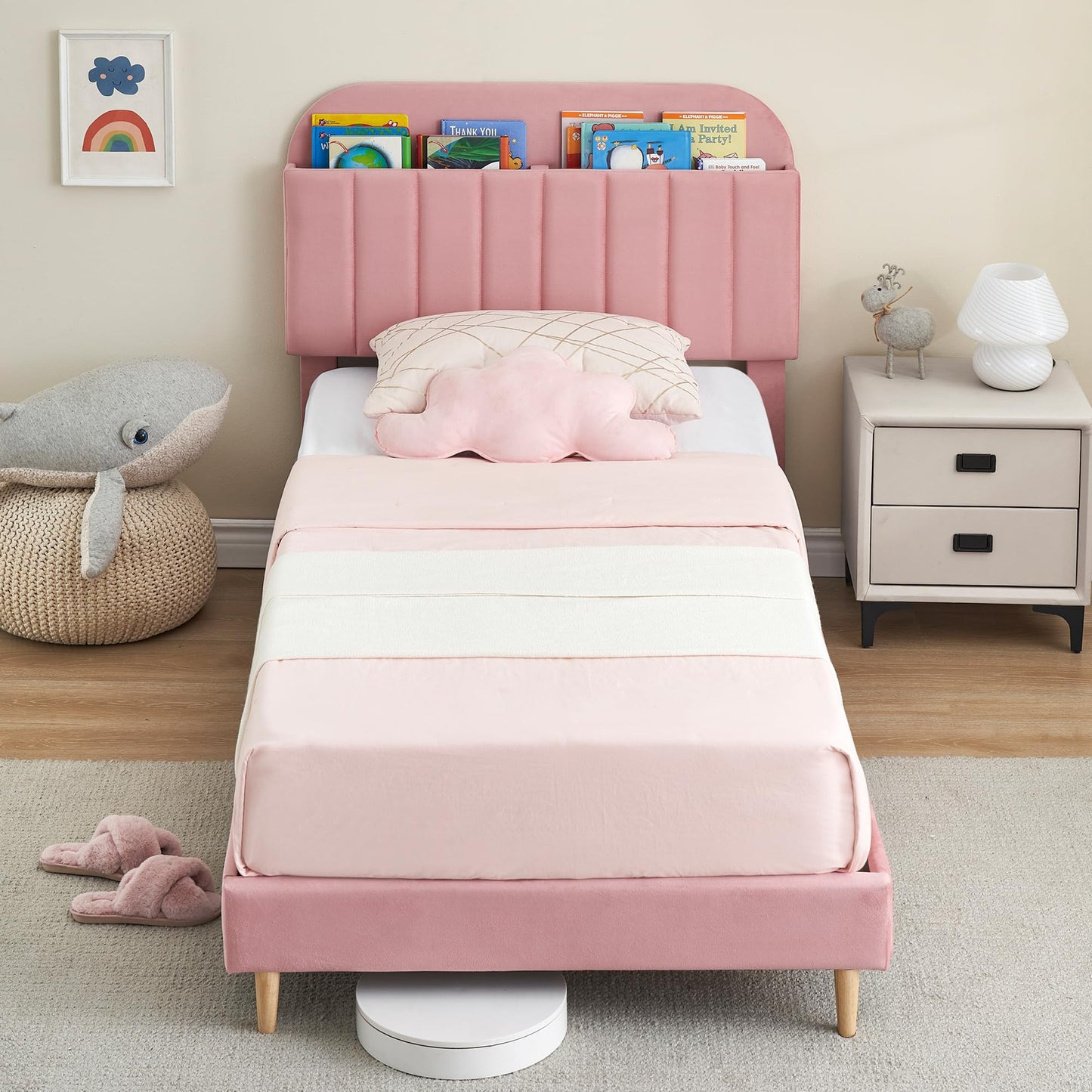 GarveeHome Twin Bed Frame with Storage Headboard, Velvet Upholstered Platform Bedframe for Kids, Girl Bed, Strong Wooden Slats, Noise-Free, Easy Assembly, No Box Spring Needed, Light Pink