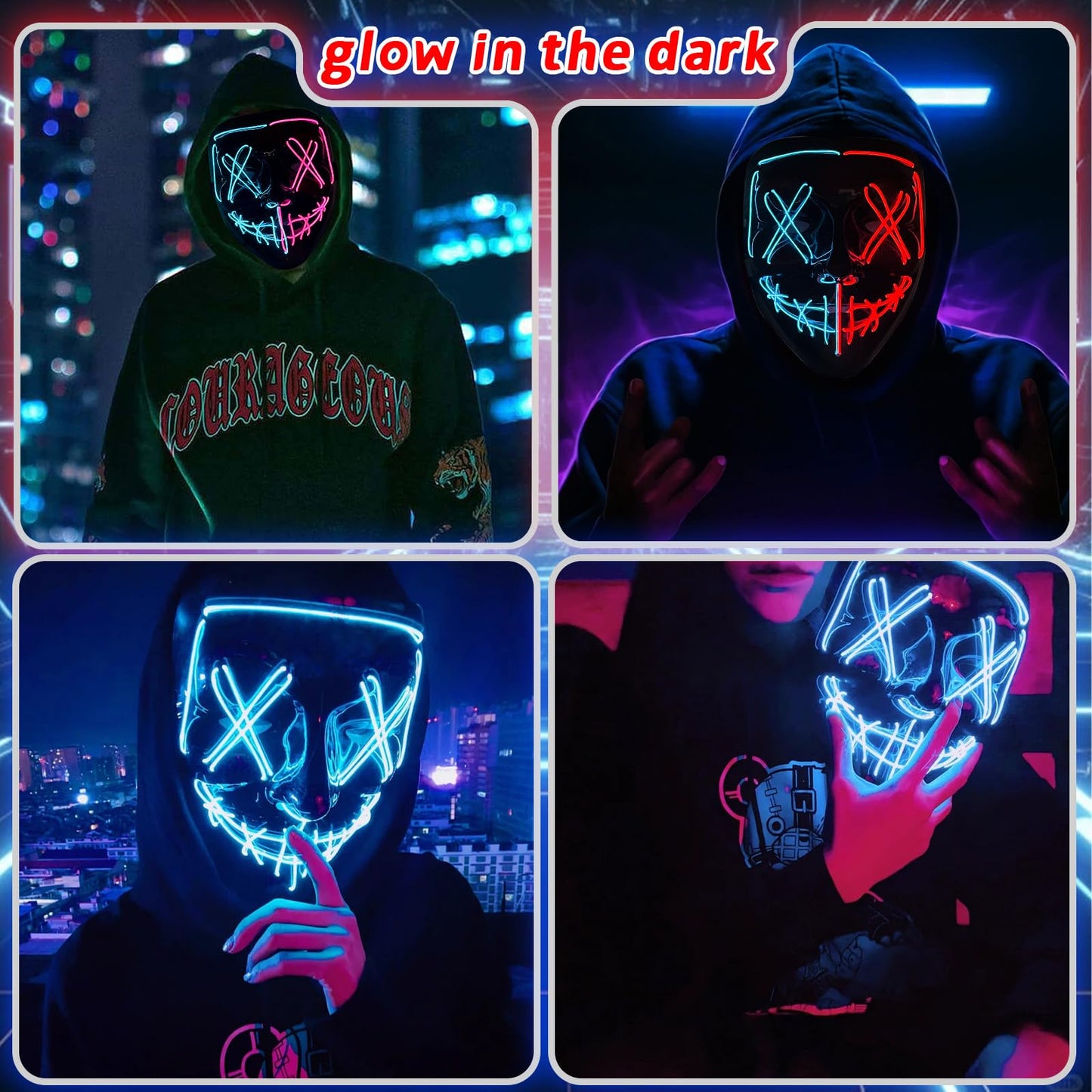 KaTiSeMo 2PCS Halloween Mask, LED Light up Masks, Halloween The Purge Masks with 3 Lighting Modes & 2 Colors El Wire,Scary Scream Mask for Festival Cosplay