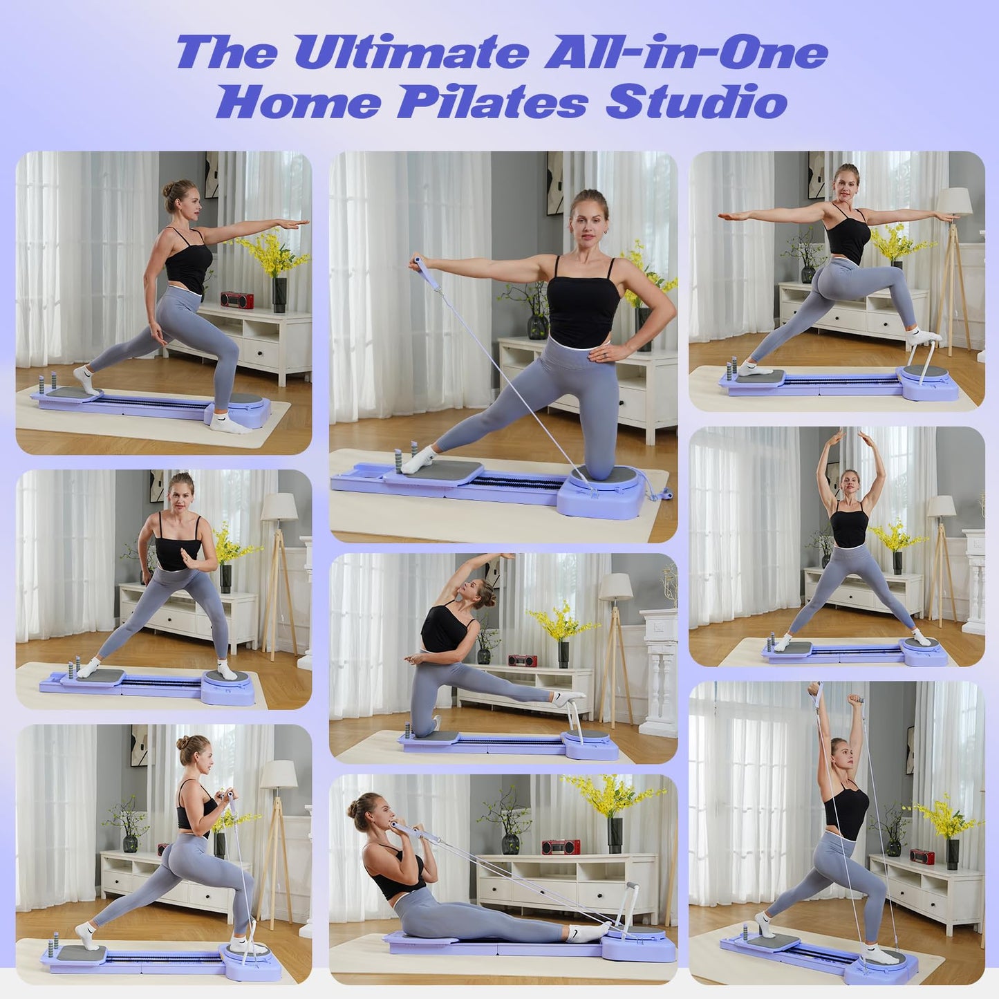 Pilates Reformer Board for Home Workout, 7-in-1 Pilates Equipment, Foldable Portable Reformer Machine High-Strength Steel Rails, Adjustable 20 lbs & 60 lbs Resistance Bands, Core & Full-Body Training