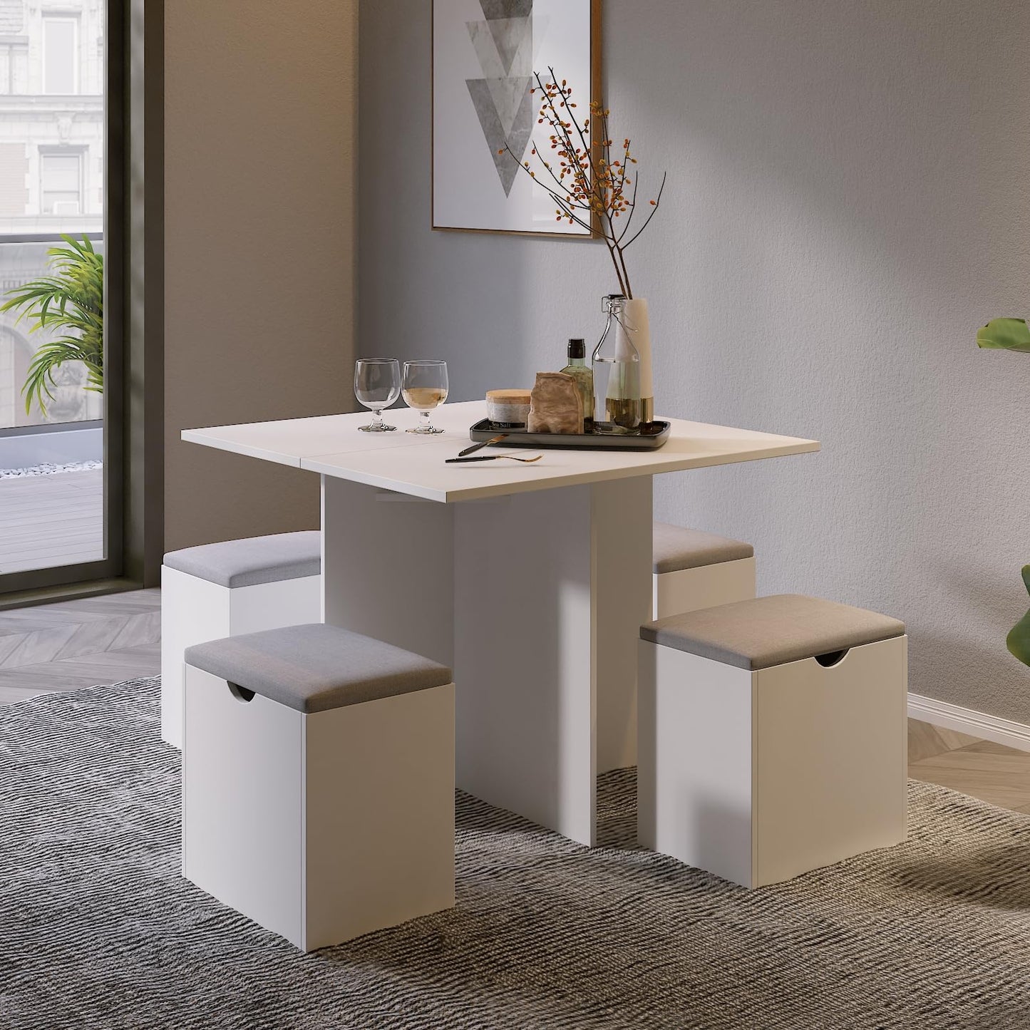 Mondeer 5-Piece Dining Table Set, Small Kitchen Table Set with 4 Stools Compact Space-Saving for Dining Room Kitchen Modern (White and Grey)