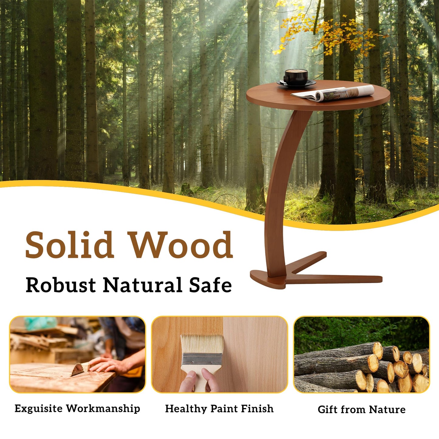 Wood Round Side Table: 15 '' Modern C Shaped End Table Nightstand with Natural Solid Wood, Small Bedside Table for Living Room, Bedroom, Farmhouse, Small Spaces (Medium)