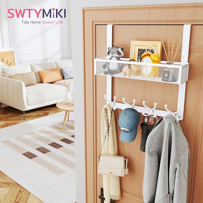 SWTYMIKI Over The Door Hook with 16 Hooks & Mesh Baskets - Heavy Duty Over The Door Organizer Hanger for Towels, Coats, Clothes - Space Saving Hanging Rack for Bathroom, Living Room, White