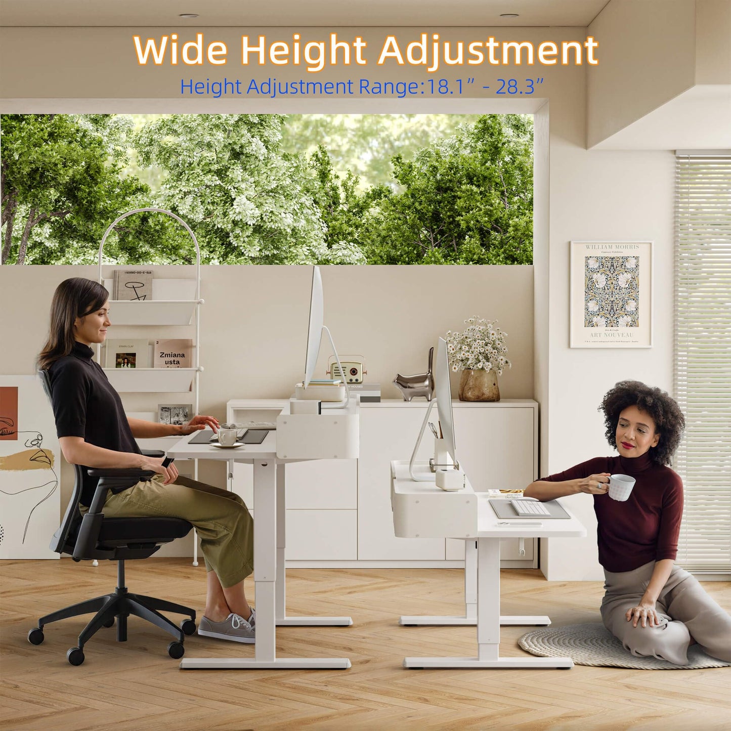 YIHAYO Low Height Adjustable Desk with Drawers, Lifts 18.1-28.3 Inches, Electric Standing Desk with Storage Shelf for Short People, 55 x 24 Inches Table with Splice Board for Home Office, White
