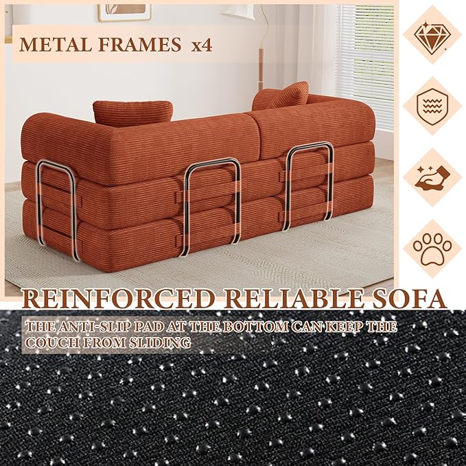 77" Convertible Sofa Bed, Modular Folding Futon Corduroy Floor Foam Compressed Loveseat Sleeper Sofa Couch, Pull Out Queen Size Couch Bed with 2 Pillows for Living Room Guest Room Studio, Orange