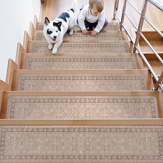OJIA Vintage Stair Treads for Wooden Steps Indoor 15PCS 30"x8" Non-Slip Stair Runner Carpet Stair Treads Mats Staircase Step Treads for Kids, Elders and Dogs, Rubber Step Covers