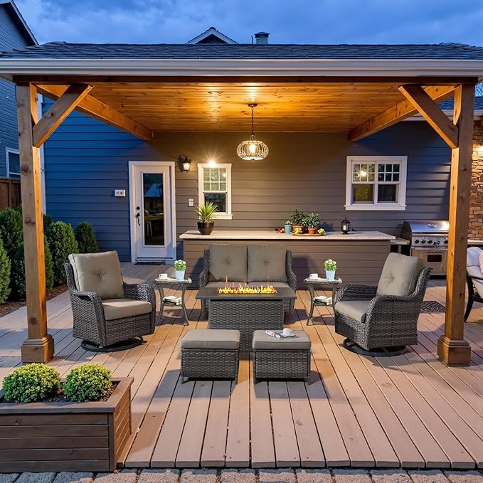 Belord 8 Piece Outdoor Patio Furniture Set - 41" CSA Propane Fire Pit Table Patio Conversation Set with Swivel Rocker Outdoor Chairs, Wicker loveseat and Ottoman for Outside Casual Gathering