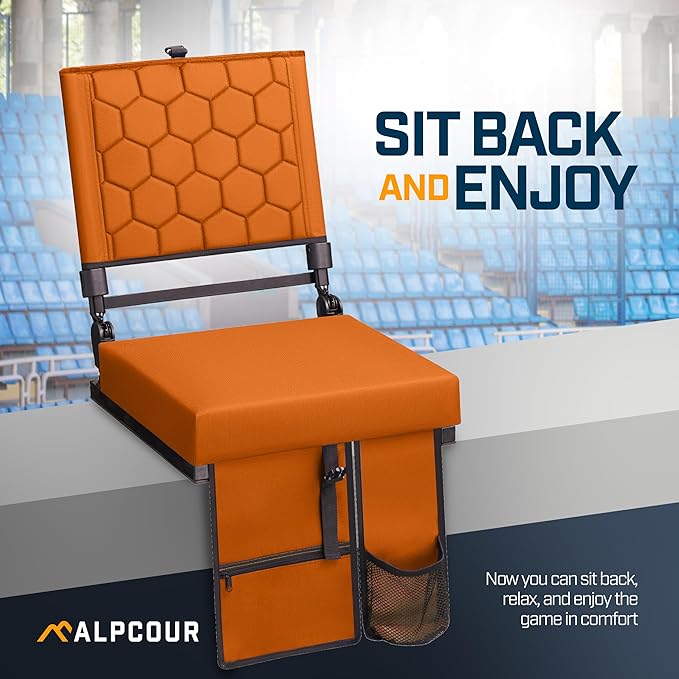 Extra Wide Folding Reclining Stadium Seat with Back Suppot for Bleachers, Bleacher Hooks, Thick Cushion, Cup Holder, Storage Pockets – Portable Chair for Kayak, Canoe, Paddle Board, Concerts, & Sports