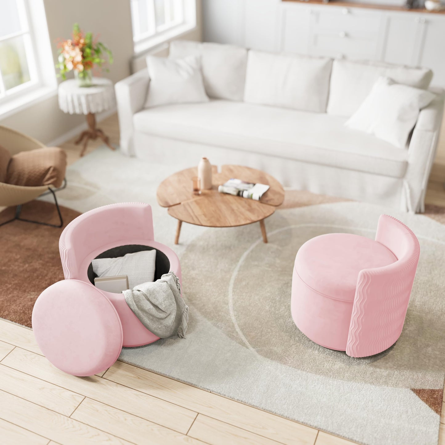 allamazing 360° Swivel Accent Chair with Storage, Vanity Stool with Back, Velvet Storage Ottoman, Upholstered Round Barrel Vanity Chair for Living Room, Makeup Room, Bedroom (Pink)