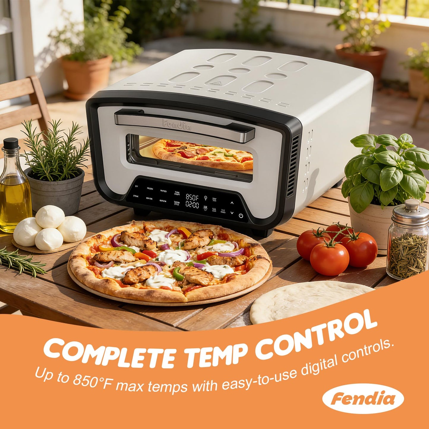 Fendia 12-Inch Electric Outdoor Pizza Oven, 2-minute Pizza, 850℉ Max Temperature, Pizza Stone&Peel Included, Perfect for Home Use, Patio, Garden & Camping