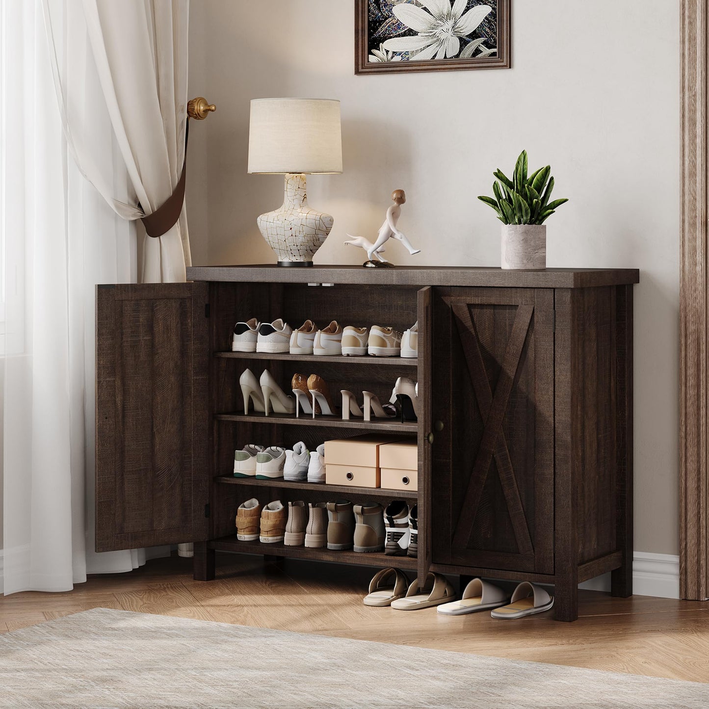 GarveeHome Shoe Cabinet with Doors, Farmhouse 35'' Shoe Storage Cabinet, 4-Tier Entryway Shoe Storage, Large Shoe Organizer Cabinet for Living Room Hallway, Dark Cherry