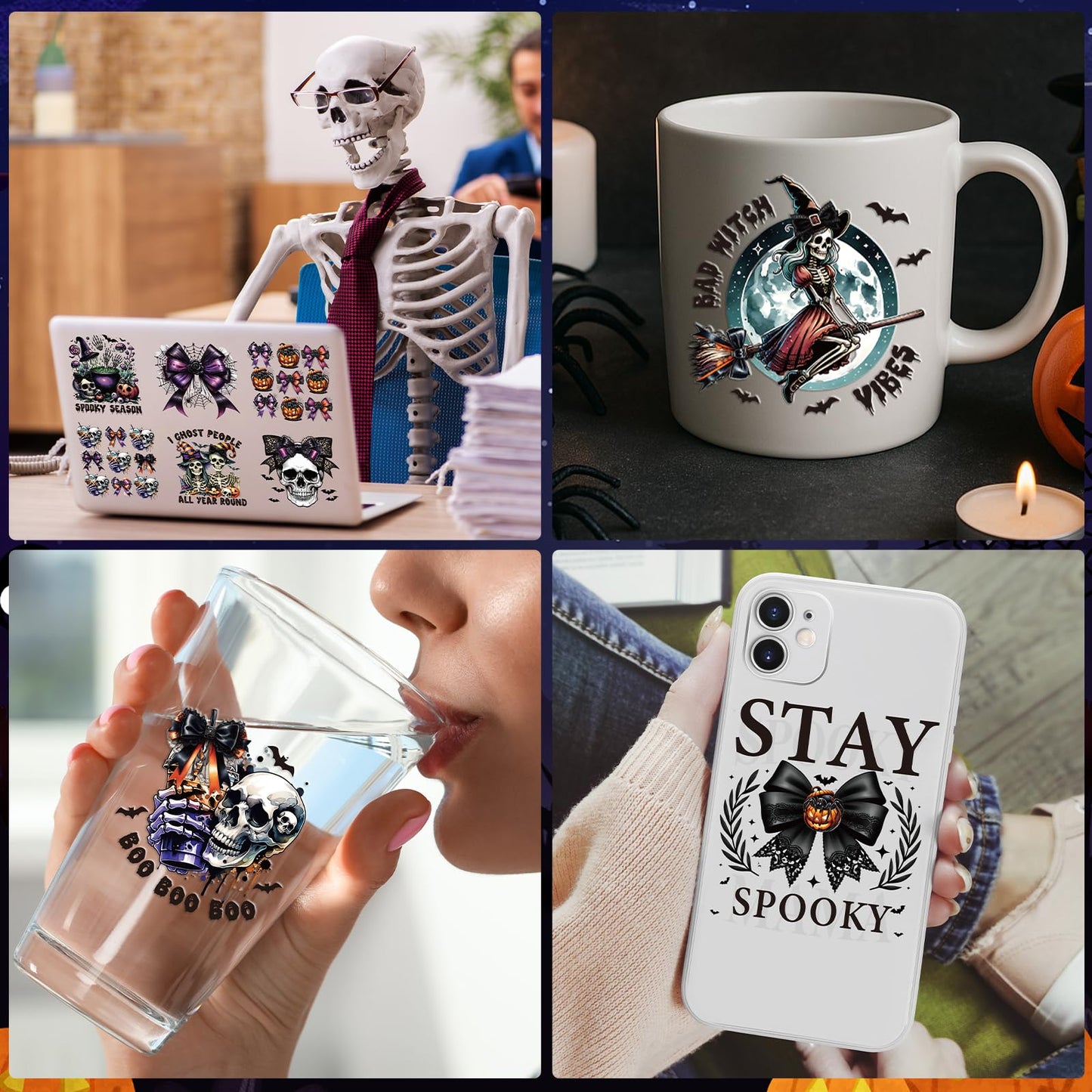 Rngmsi Halloween Uvdtf Cup Wraps - 20 Sheets Spooky Bow UV DTF Cup Wraps for 16 oz Glass, Pumpkin Ghost Bat Skeleton Cobweb Witch Rub on Transfer Sticker, UV DTF Decals for Water Bottle Mug DIY Crafts