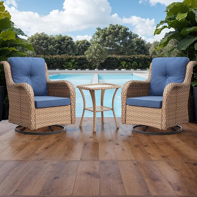 Rilyson Patio Chairs Wicker Outdoor Chair - 6 Piece Rattan Patio Swivel Rocking Chairs Set with Glass Top Side Table for Porch Deck Backyard(Yellow/Blue)