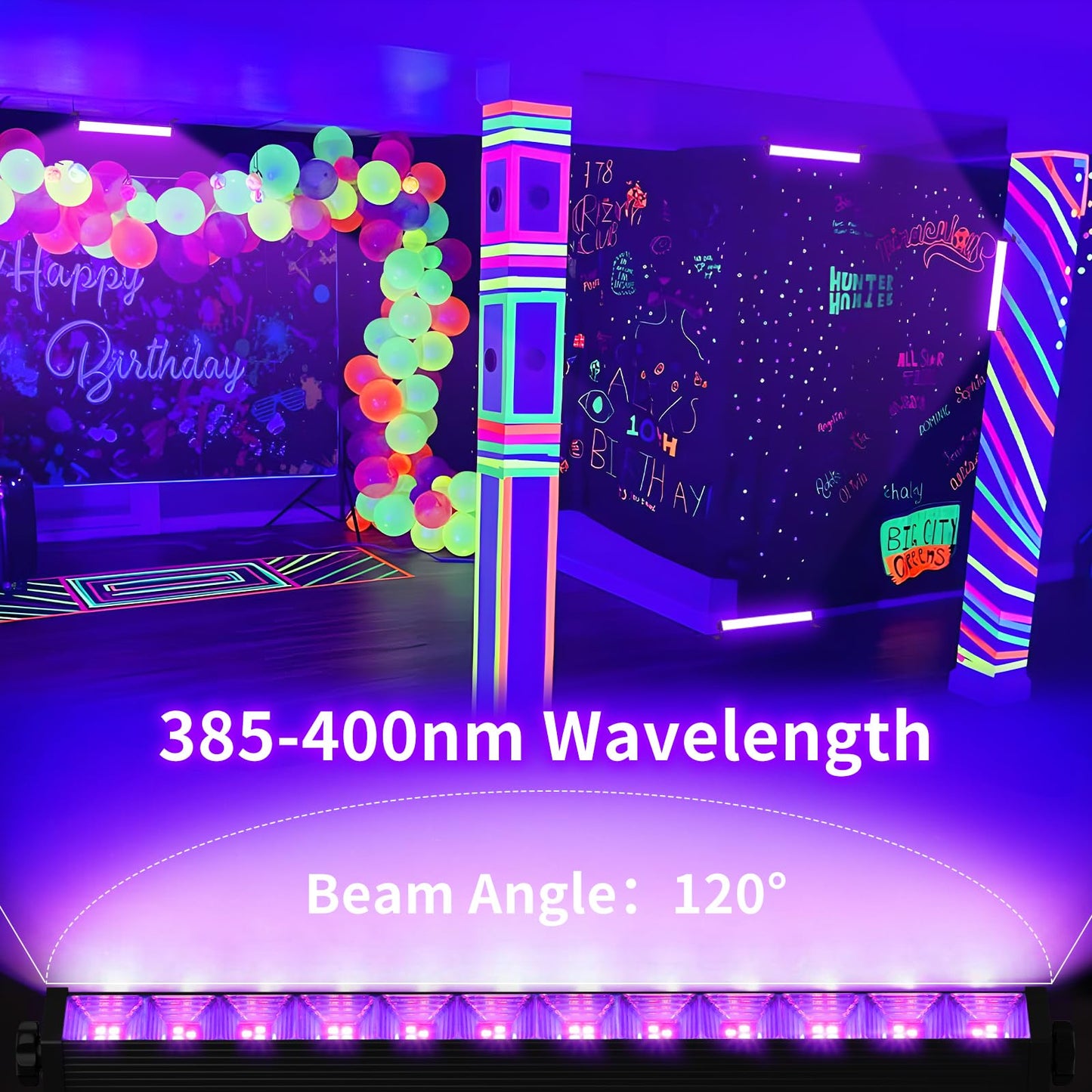 4 Pack 45W Black Light Bar with 6ft Cord+Switch, Each Light Up 25x25ft Area, LED Blacklight Flood Light for Neon Glow Party Body Paint Fluorescent Tapestry Poster Classroom Bedroom Halloween