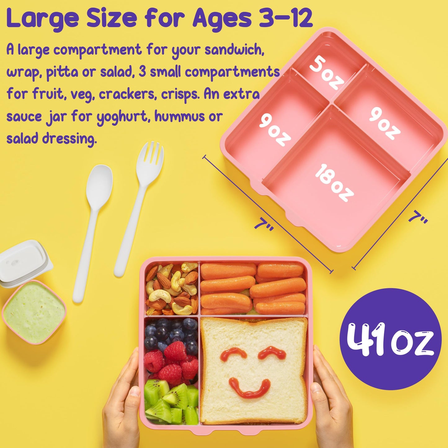 Fimibuke Bento Lunch Box for Kids, Leak Proof Toddler Bento Box with 4 Compartments BPA Free Dishwasher Safe Lunch Container with Utensils, Ideal Portion Sizes for Ages 3-12 Girls Boys for School