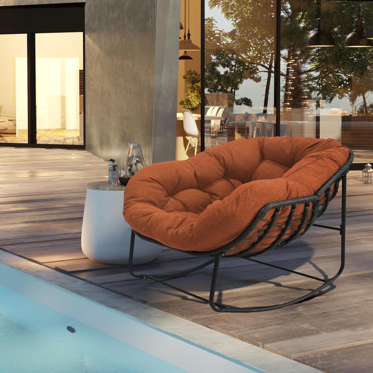 Outdoor Papasan Rocking Chair - Oversized Rattan Egg Chair with Thick Cushion, 330 lbs Capacity, Waterproof Wicker Lounge Chair for Patio, Porch, Living Room, Bedroom, Balcony & Garden (Orange)