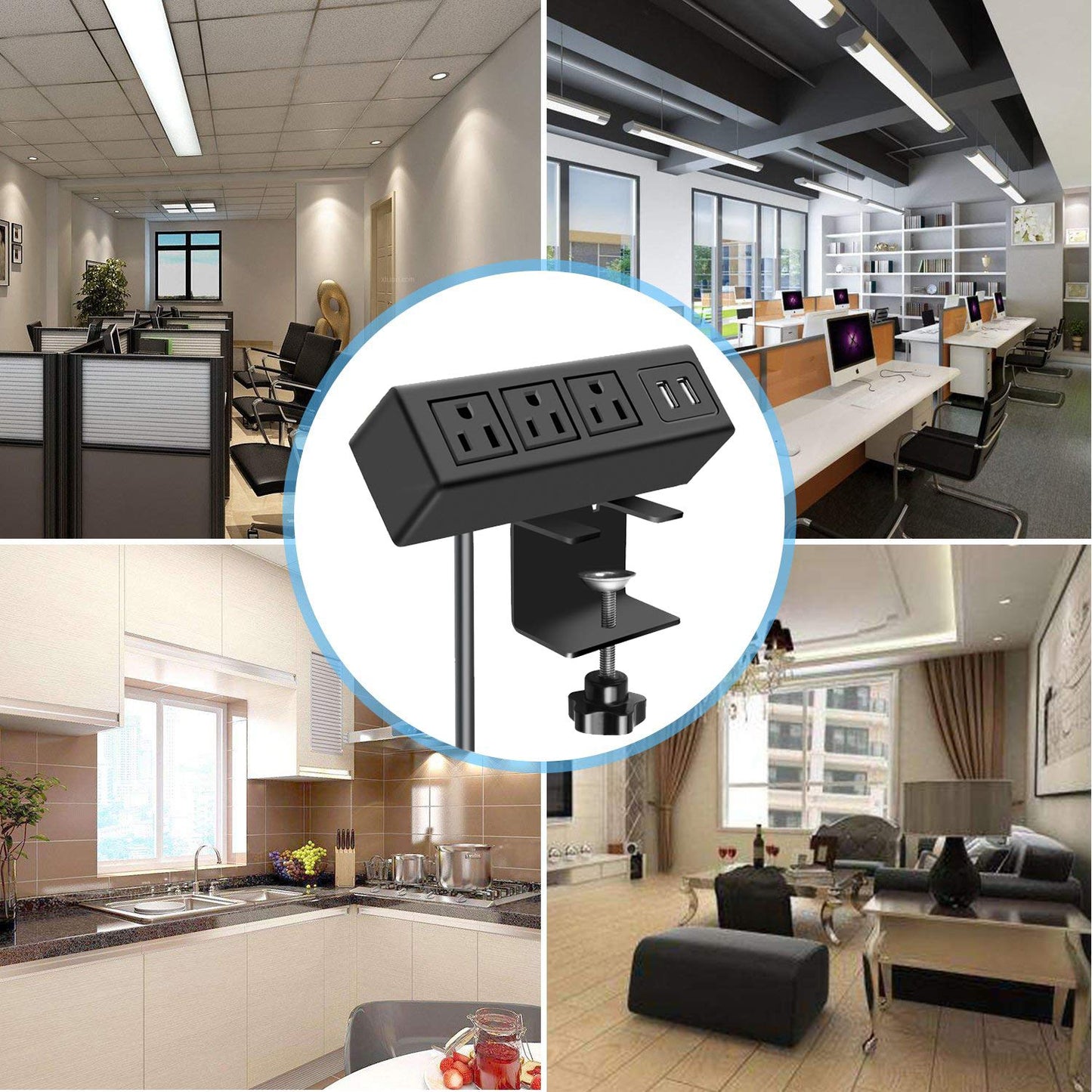 CCCEI 3 Outlet Desk Clamp Power Strip with USB Ports, Desktop Power Strip Surge Protector 1200J. Table Mount Charging Power Station, on Edge Power Outlet 125V 12A 1500W.