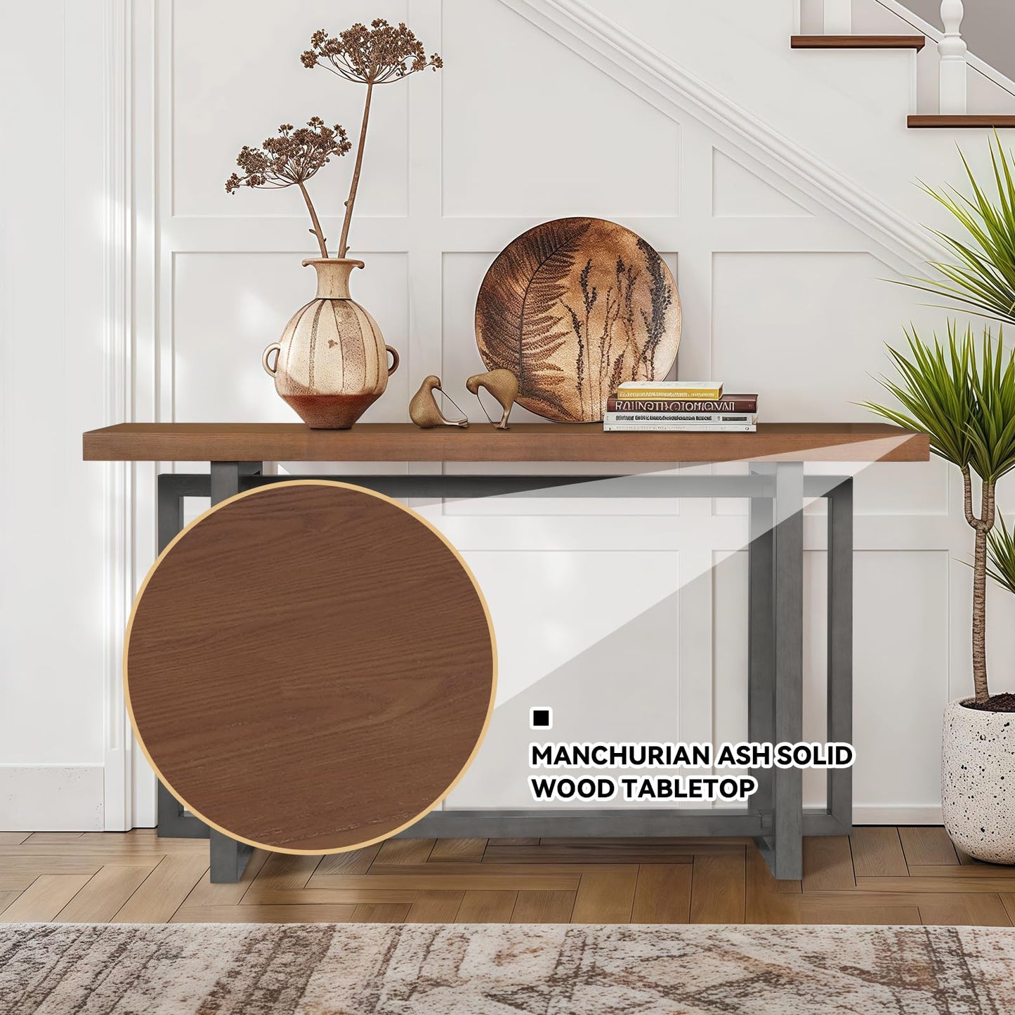SZTHHDF 59.05'' Sofa Table for Living Room, Morden Console Table, Narrow Rectangle Solid Wood Entryway Table with Rubber Wood Legs for Hallway Kitchen Foyer (Brown+Grey)