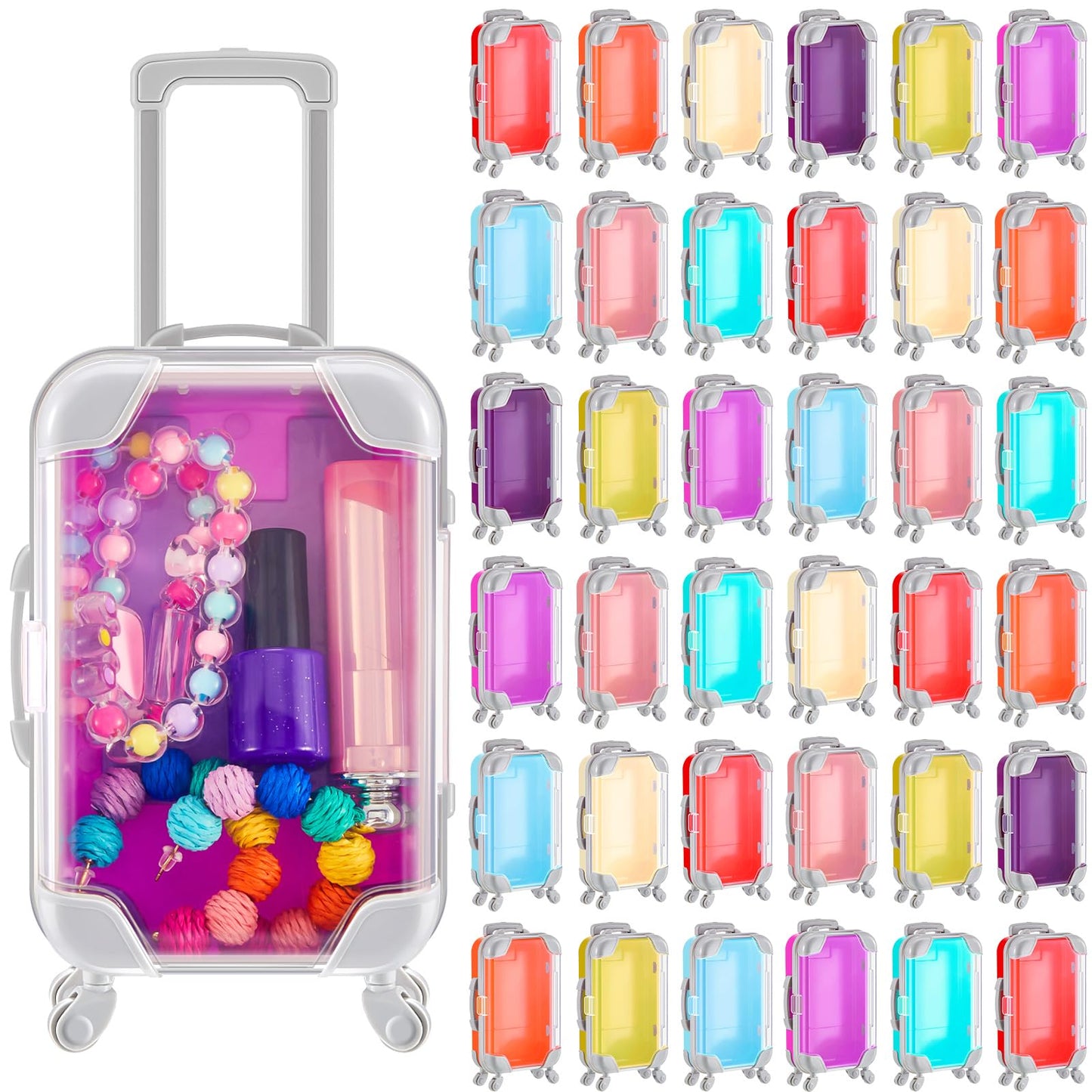 Tessco 50 Pack Mini Suitcase Party Favor Gift Box 6.69 x 3.74 x 1.97 Inches Plastic Tiny Travel Luggage for Candy Makeup Jewelry