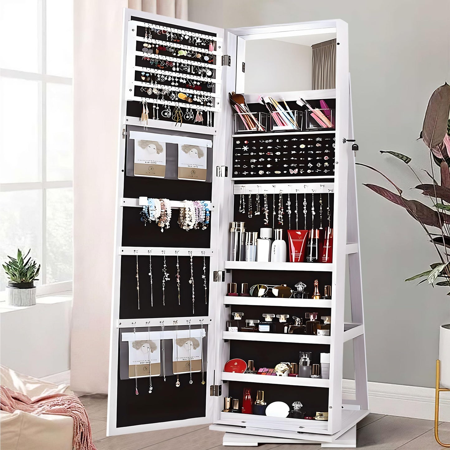 sogesfurniture Lockable Floor Standing Wooden Jewelry Armoire with Full Length Mirror 360°Rotatable Jewelry Organizer Cabinet Lockable with Storage Shelf, White BHUS-QH-7021C