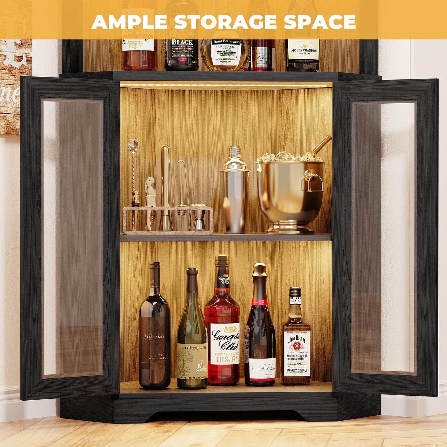 BROTTAR Corner Wine Bar Cabinet with LED Lights, 65" Tall Liquor Coffee Bar Cabinet with Glasses Holder & Tempered Glass Door, Alcohol Storage Hutch with Human Body Sensor for Dining Room, Black
