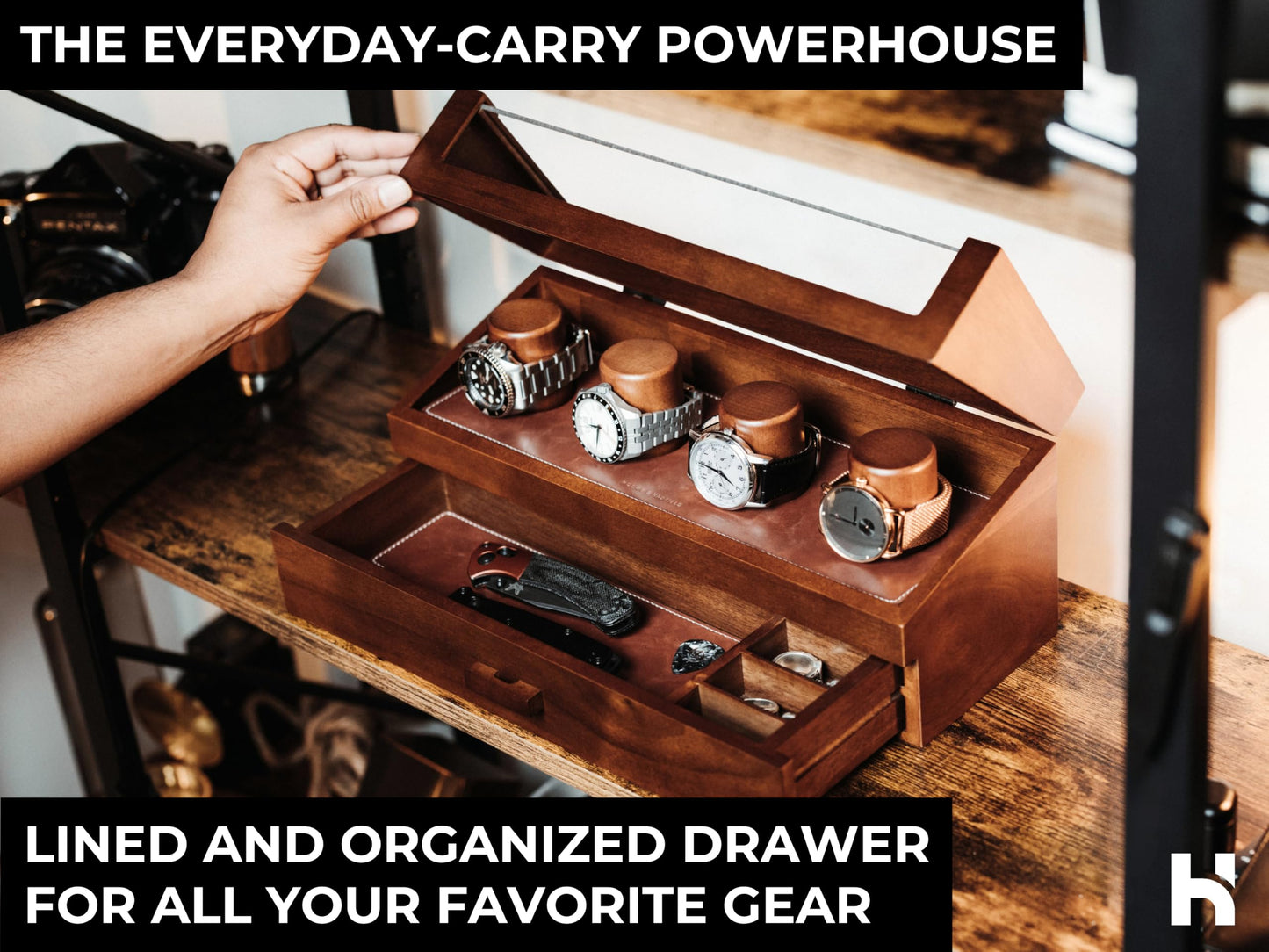 Premium 4 Slot Watch Box for Men (2026 Upgraded) – Wooden Watch Display Case with Hinged Wood Cover, Leather Lining & Drawer – Watch Organizer Stand – Handcrafted Luxury Father's Day Present for Men