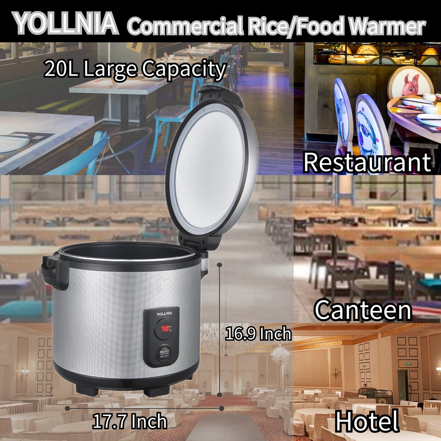 YOLLNIA 55 Raw/110 Cup Commercial Rice Warmer(Not Rice Cooker) Portable 18.1QT Big Rice Warmer / 122℉- 178℉ Adjustable Temperature/ 130W/ Non-Stick Inner Pot