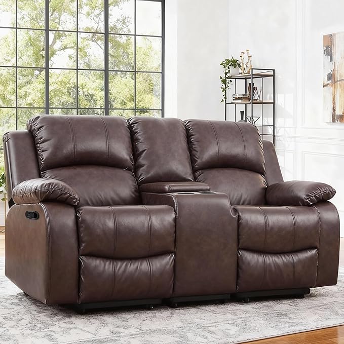 Saxum Tegmen Living Room Furniture Sets, Leather Recliner Sofa, Sectional Loveseat Couch with Cup Holders, 1 Piece Furniture Set for Living Room/RV/Office (Loveseat, Brown Leather)