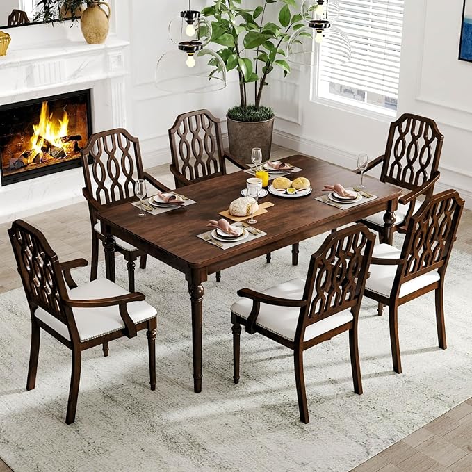 chairus Farmhouse Dining Chairs Set of 2, French Country Vintage Wooden Dining Room Chairs with Arm, Lattice Back & Turned Legs, Rustic Chenille Upholstered Nailhead Trim Kitchen Chairs, Walnut Brown