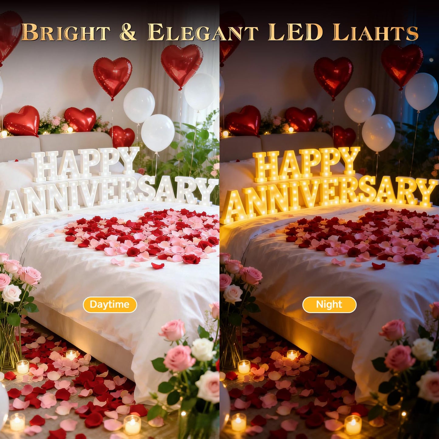 Happy Anniversary Decorations, Light up Letters Sign, with Rose Petals, Round Pearlescent Balloon, Aluminum Balloons, Light LED Neon, Table Decor for Valentine's Day Wedding Romantic Party