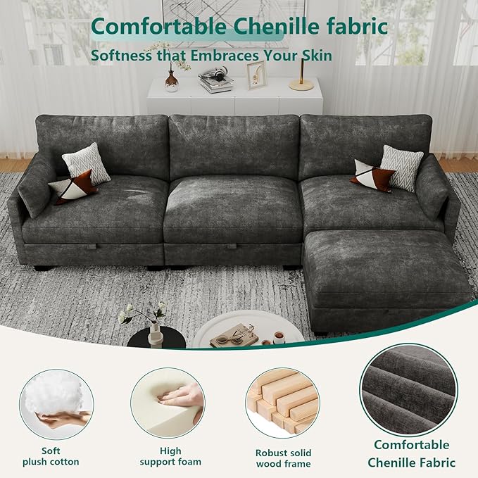 OhaiAura Modular Sectional L Shaped Sofa Couches for Living Room, Cloud Couch with Storage Ottoman, Comfy Chenille Sofa with Pillow, Dark Gray