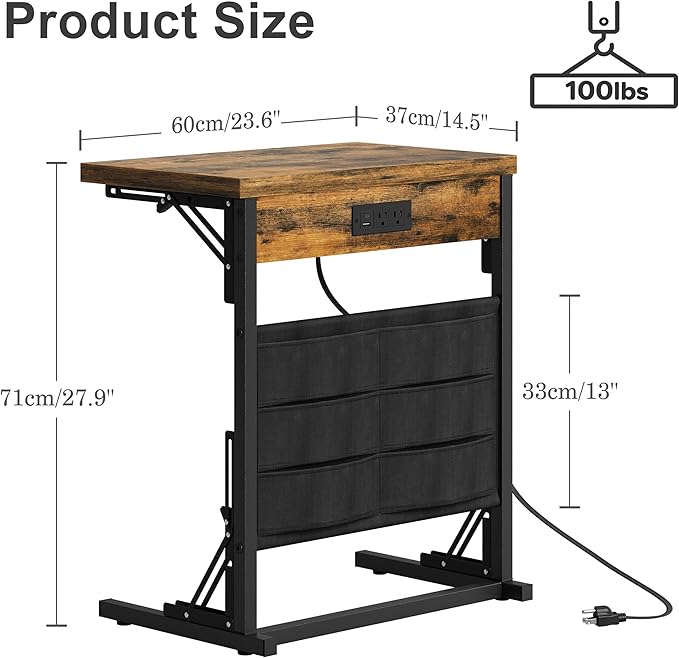 YAUKTAK Foldable C-Shaped Table with Charging Station, Folding TV Tray End Table for Small Space, Portable Side Table for Couch, C Table with Storage Bag for Sofa Living Room, Bedroom Rustic Brown