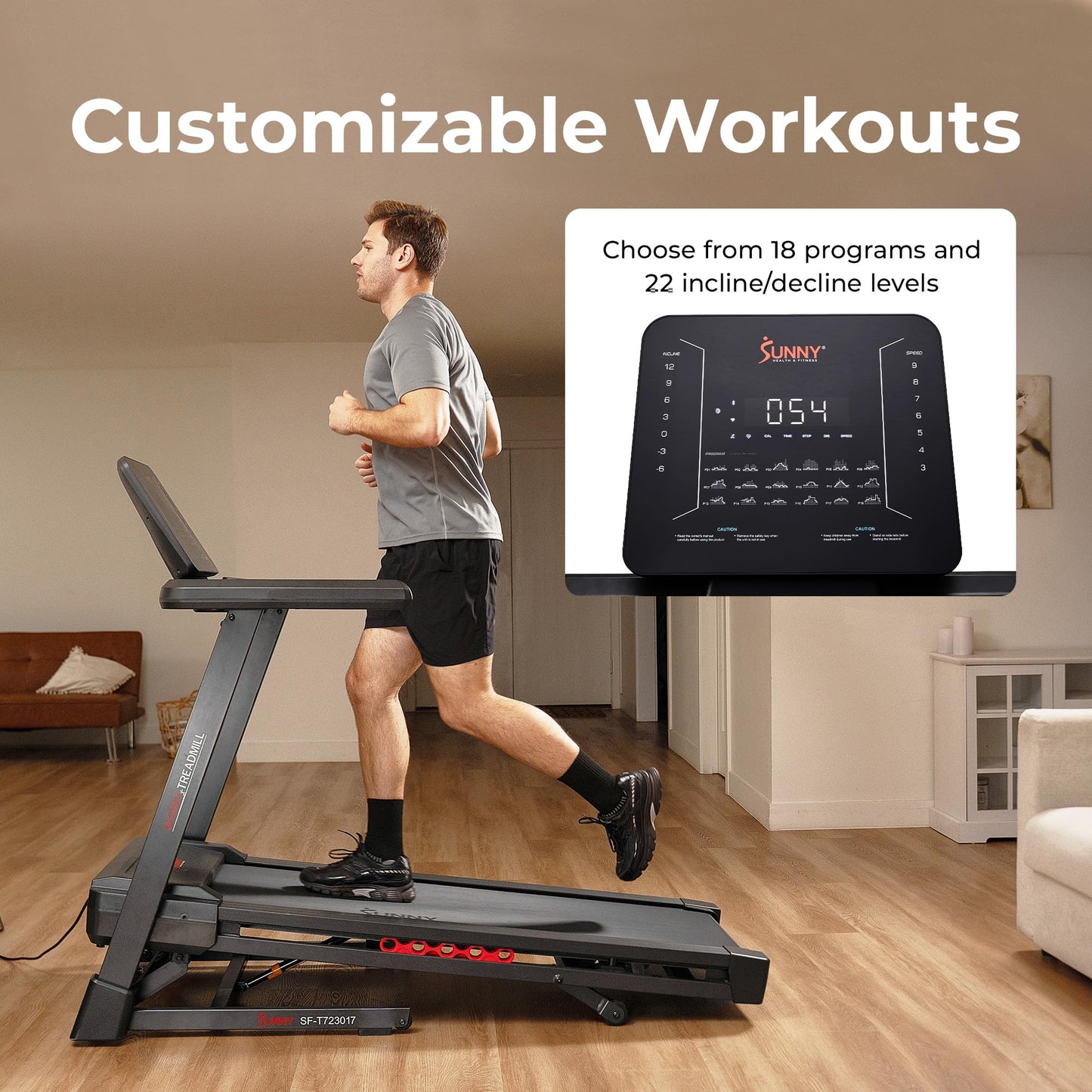 Sunny Health & Fitness Excel Smart Auto Incline/Decline for Home Use, 20” Wide Running and Walking Deck, Flex Shock Suspension with 300 LB Weight Capacity Bluetooth SunnyFit App - SF-T723017