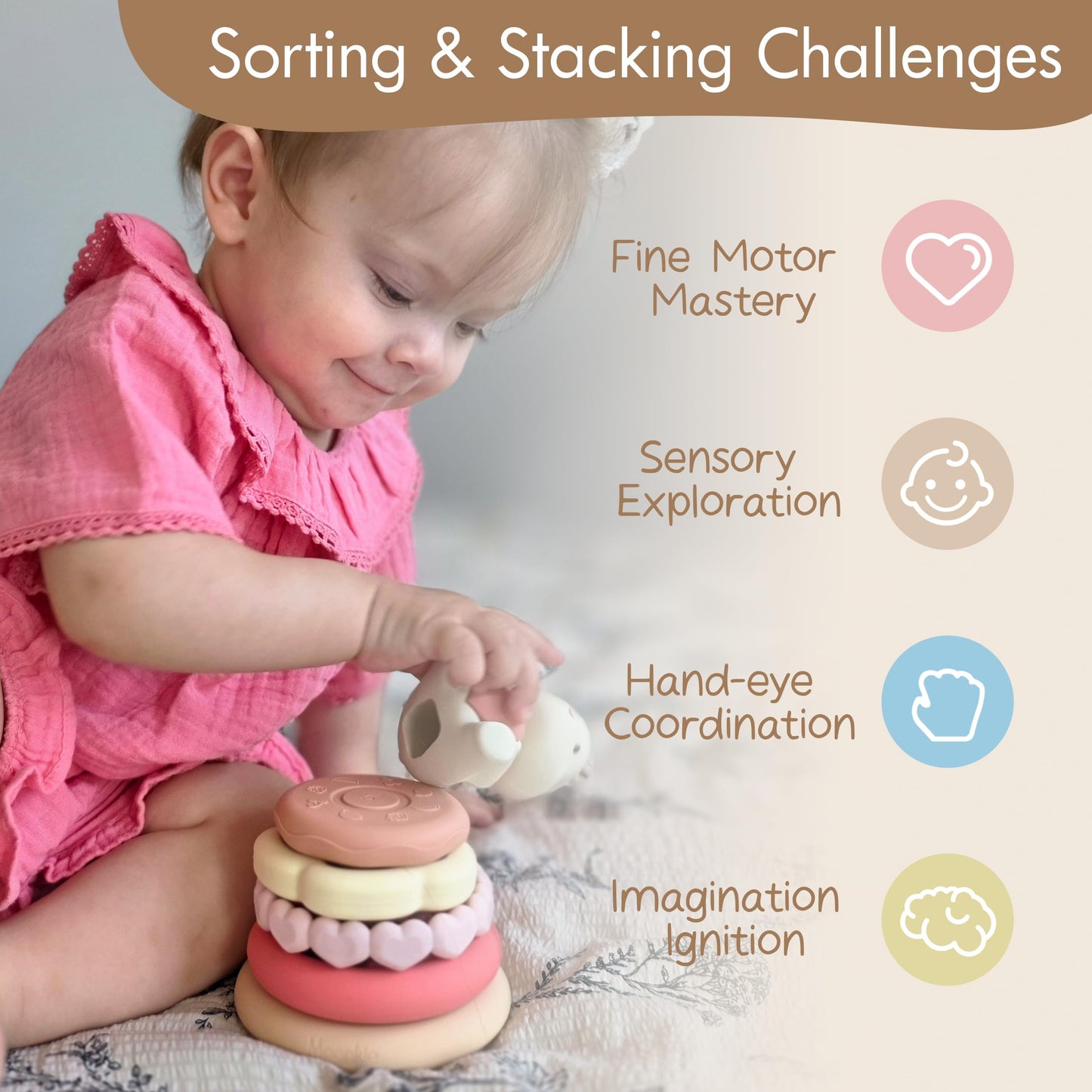 Moonkie Bunny Baby Stacking Toys | 7-Piece Silicone Rings for Teething Relief | Educational Toy for Infants & Toddlers 6 Months+ | Baby Girl Essentials