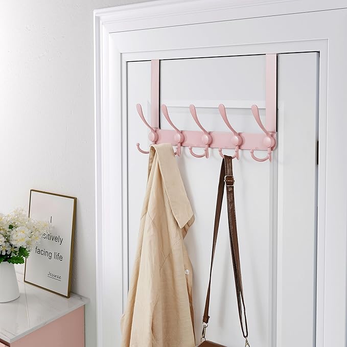 Dseap Over The Door Hook Hanger - 5 Tri Hooks, Heavy Duty Over The Door Towel Rack Coat Rack for Clothes Hat Towel, Pink