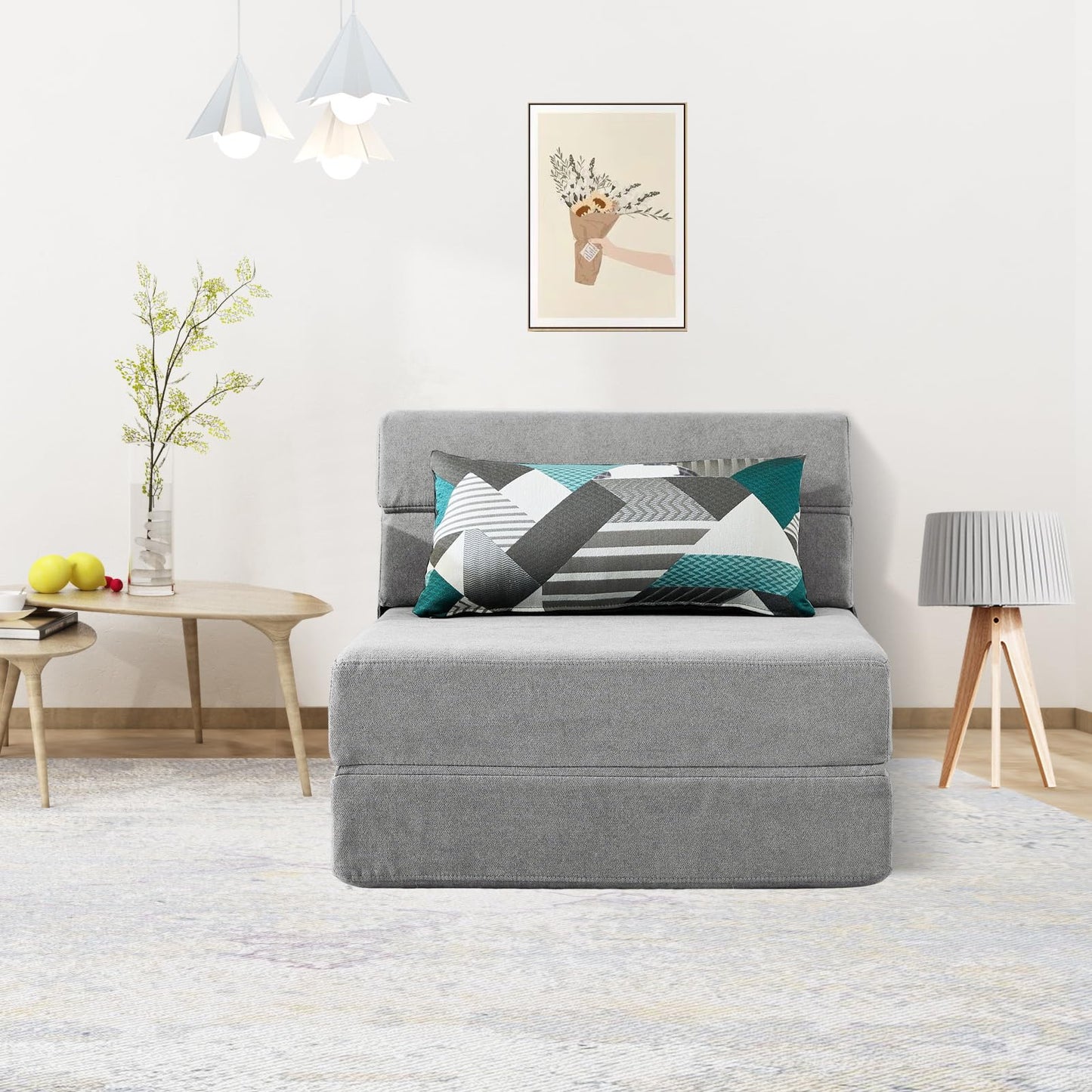 ANONER Folding Sofa Bed Couch Memory Foam Fold Out Chair Bed with Pillow, Single Size Convertible Sofa Bed Futon Sleeper Chair, Light Gray