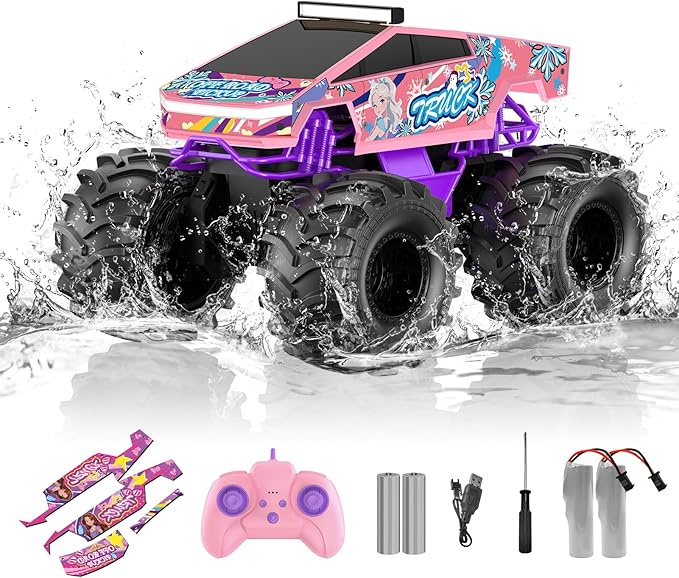 Remote Control Car for Girls,1:18 Pink Monster Truck Toys Amphibious RC Cars, 2.4 GHz Waterproof RC Trucks, 4WD All Terrain Off-Road Pickup, Girls Toys for 6-12 Year Old Kids Christmas Birthday Gifts
