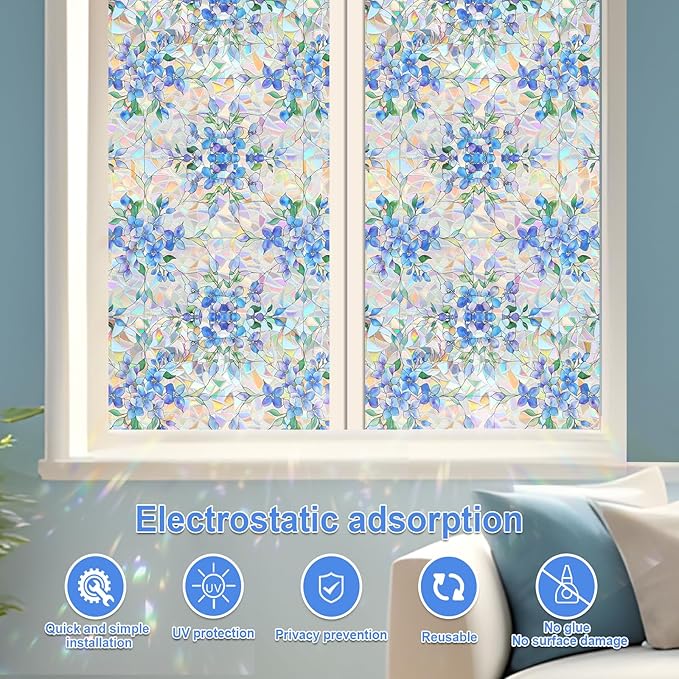 Window Privacy Film Home Room Bathroom Spring Decor Car Decorations One Way Privacy Window Clings Decals Tint Door Cover Rainbow Renter Friendly Stickers Static Cling Stained Glass Windows