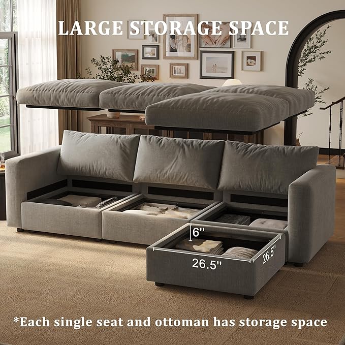 Cloud Modular Sectional Sleeper Sofa with Storage Ottoman, 128" Oversized Sectional Couches for Living Room, Cloud Modular Sleeper Sofa with Chaise, 9 Seater, Chenille, Light Gray