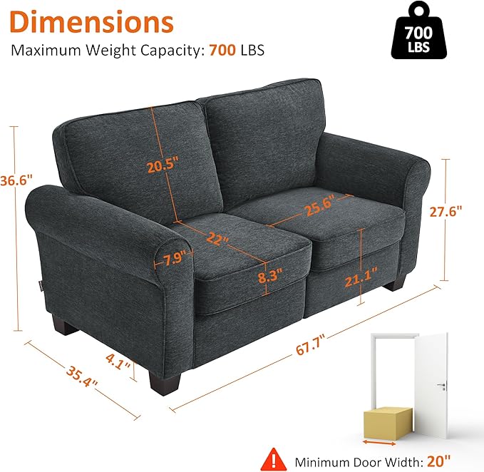 MCombo 67.7" Loveseat Sofa, 2-Seater Small Couch for Small Spaces, Classic Rolled Arm Upholstered Sofa with Solid Wood Legs for Living Room, Removable Cover, Chenille Fabric VE730 (Dark Grey)