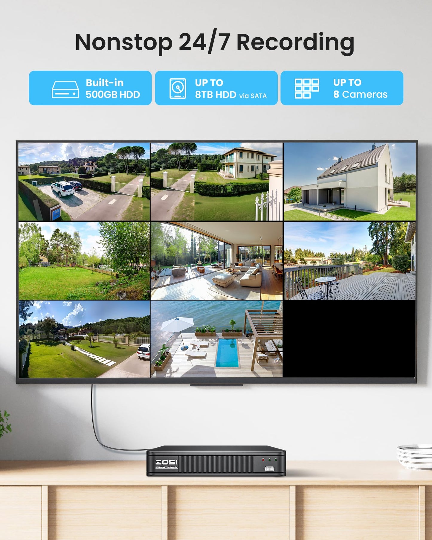 ZOSI 5MP 3K Lite CCTV Security Camera System with AI Human Vehicle Detection, 8CH H.265+ DVR and 4 x 1080p Surveillance Bullet Cameras Outdoor Indoor, 100ft Night Vision, IP66 Weatherproof, 500GB HDD