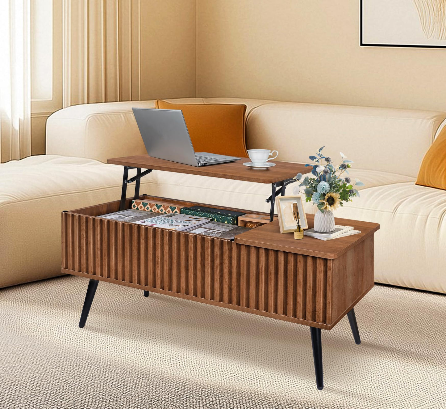 ZYBT Fluted Lift Top Coffee Table, 37.4" Wood Rustic Coffee Tables Square Center Table with Storage and Shelf Lifting Top for Living Room Apartment (Brown)
