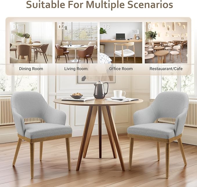MALOL Wooden Dining Chairs Set of 6, Modern Fabric Upholstered Dining Room Chair, Kitchen Side Chairs, Farmhouse Dinner Chair with Open Back for Kitchen, Lightgrey