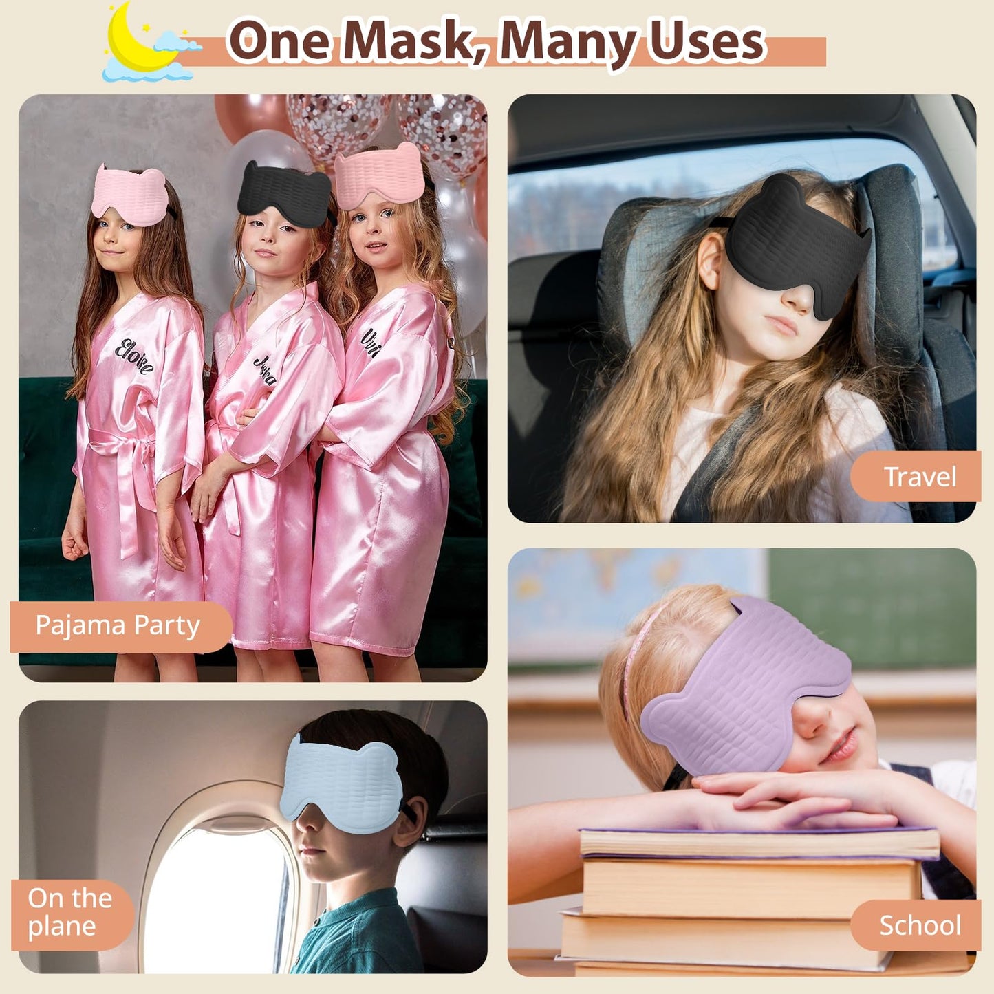 Kids Sleep Mask, 3D Sleeping Eye Mask for Kids with Adjustable Elastic Strap, Bear Shape Eye Cover with Memory Foam, Soft & Light-Blocking, Gift for Boys Girls Teens Age 5–15 (Black)
