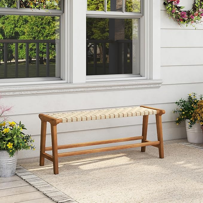 Tangkula Teak Wood Outdoor Bench, Patio Backless Wooden Dining Bench with Weave Seat, Solid Wood Legs, Indoor & Outdoor Wooden Bench for Porch, Backyard, Deck, Entryway (Natural,2)