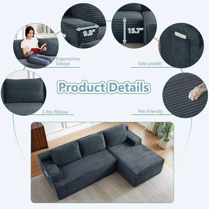96" Cloud Sectional Couch with L-Shape Chaise, Modern Corduroy Boneless Couch for Living Room,Memory Foam Sofa with Deep Seat,No Assembly Required (Dark Gray,Right-Facing Chaise)