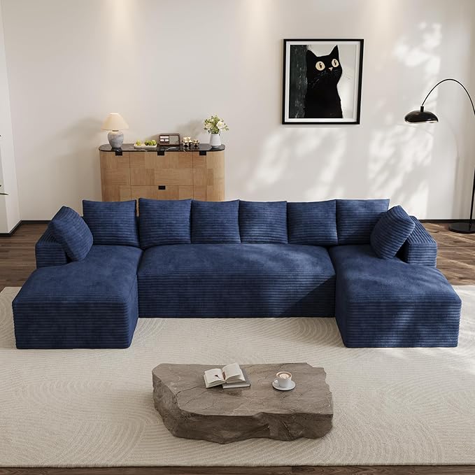 Modular Sectional Sofa, 130" U Shaped Cloud Couch Plush Corduroy Deep Seat Boneless Sofas with 8 Pillows Double Chaise Lounge Sectional Couches with Memory Foam for Living Room - Blue