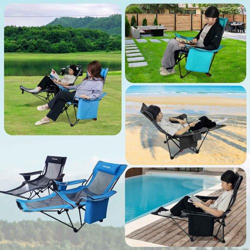 POEPORE Reclining Camping Chair 4 Position with Foot Rest Comfortable for Adults 265Ibs Folding Lounger Mesh Beach Chair with Cooler Bag,Cotton Cushion and Cup Holder for Outdoor Patio