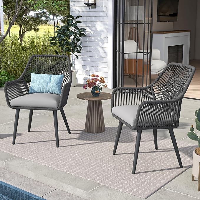 Patiorama Patio Dining Chair Set of 6, Woven Rope Outdoor Dining Chairs w/Steel Frame, All-Weather Twisted Rattan Chairs w/Armrest & Cushion, Outdoor Dining Wicker Chairs for Backyard Garden(Black)