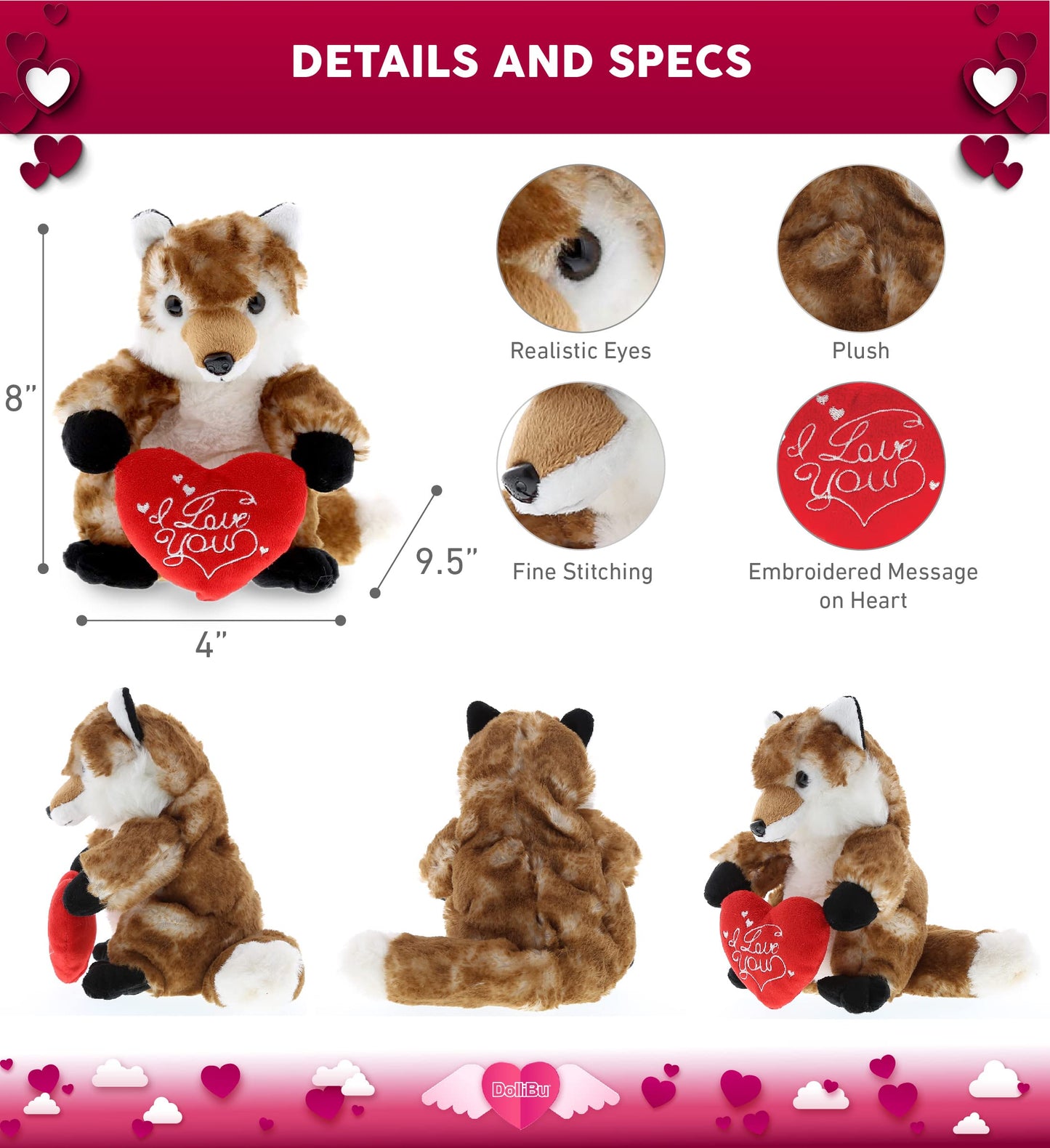 DolliBu I Love You Valentine Plush Brown Fox - Cute Stuffed Animal with Red Heart and Name Personalization Gift for Valentines Day, Birthday, Anniversary, Romantic Date - 9.5 Inches